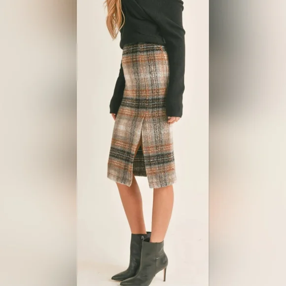 Sage The Label Checkered Plaid Pencil Skirt - Black, Cream & Tan With Slit - Picture 5 of 9